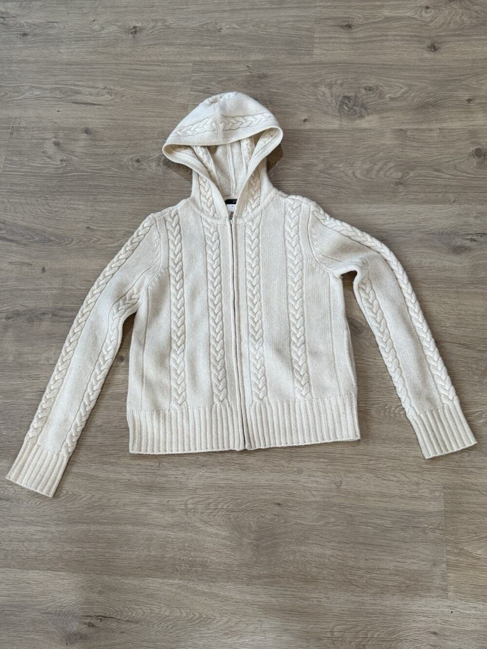 Vintage J.Crew 100% Lambswool Cable Knit Zip-Up Sweater W/ Hood Cream PS